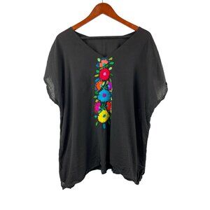 Black Short Sleeve Top With Colorful Floral Embroidery